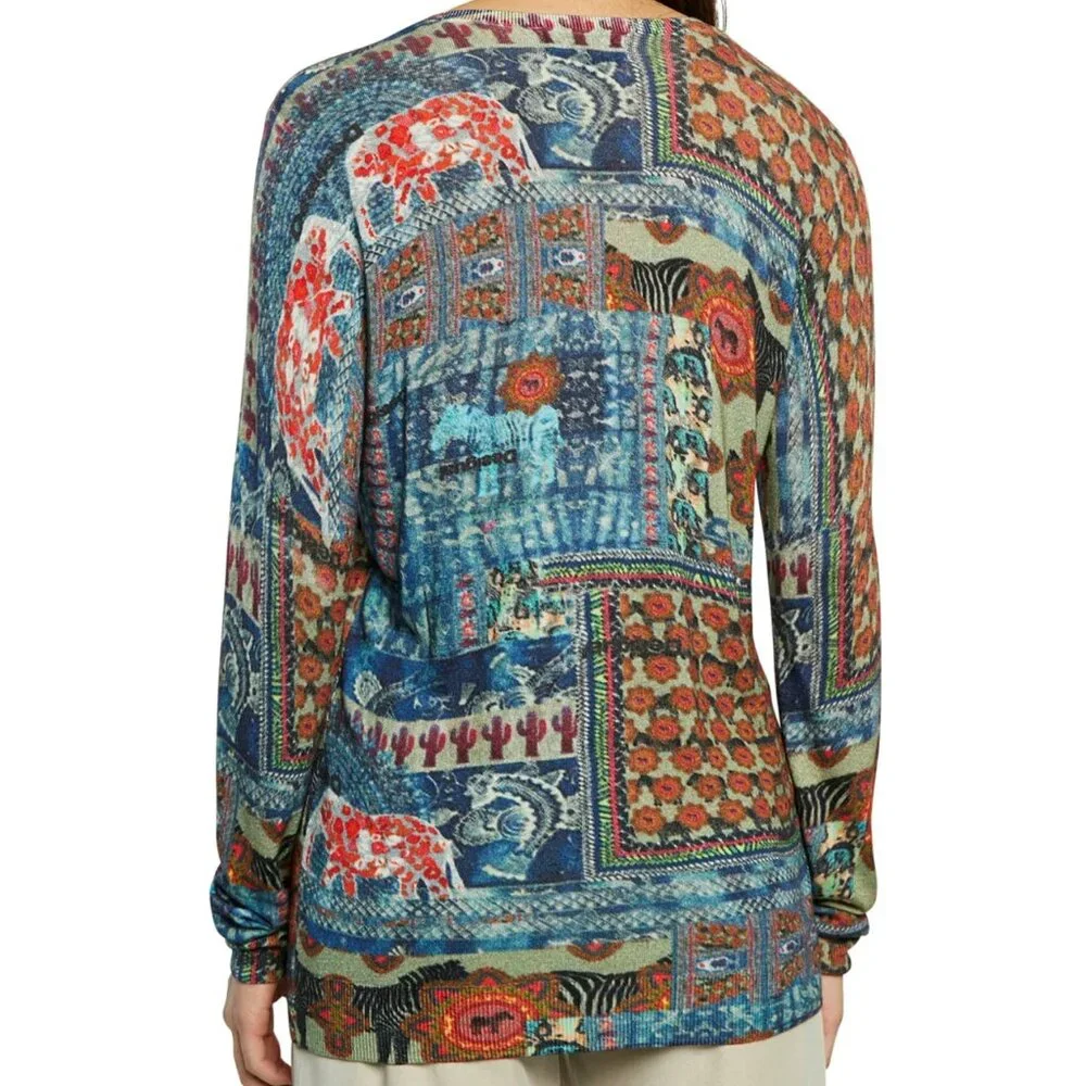 Desigual Soft Wool Safari Abstract V Neck Sweater